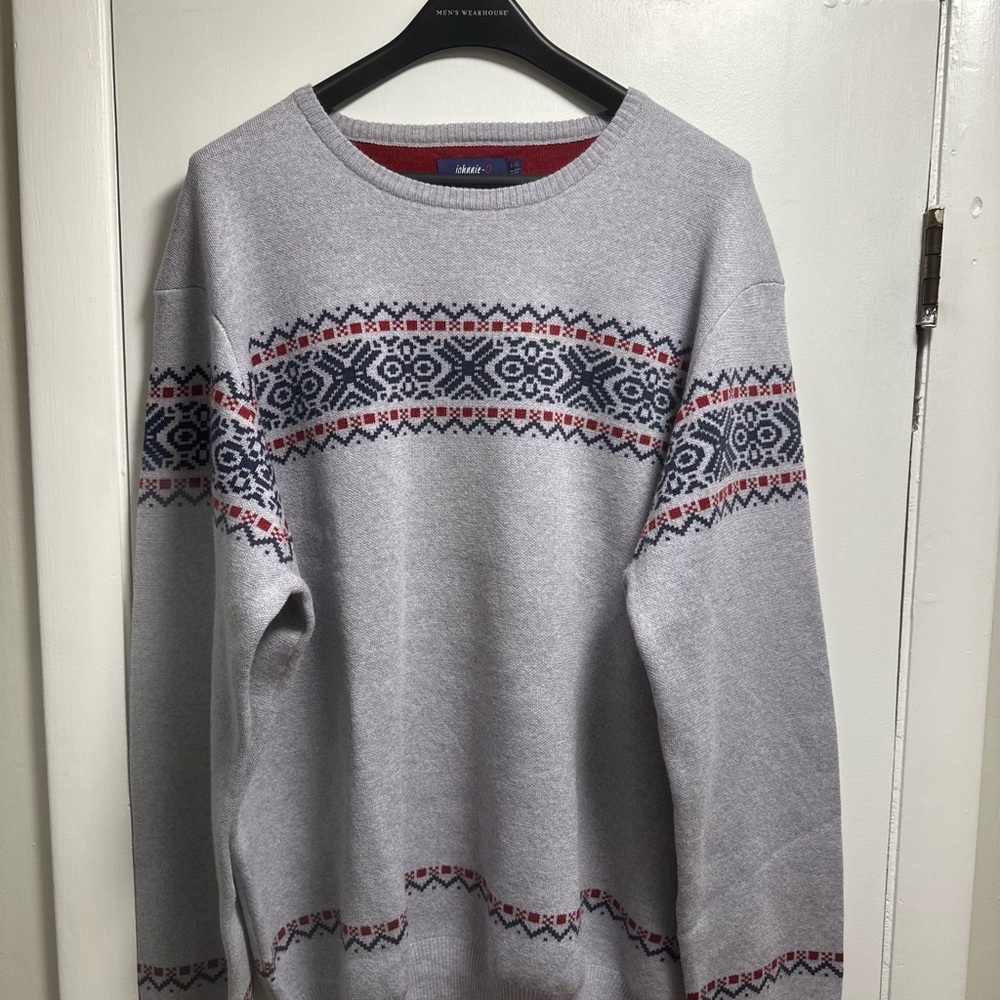 Never Worn Johnnie-O Shetland Holiday Crewneck Sweater Light Gray 100% Wool, XXL
